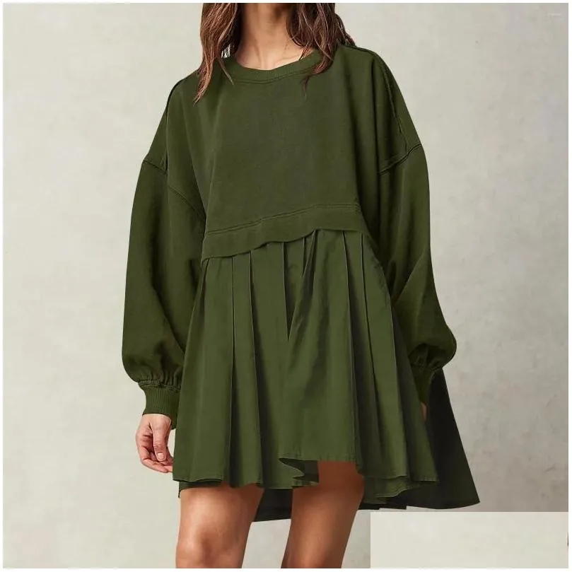 Casual Dresses Pleated Dress Skirt Autumn Fashion Women Mini Sweatshirt Long Sleeve Crewneck Patchwork Color Oversized Pullover Robe