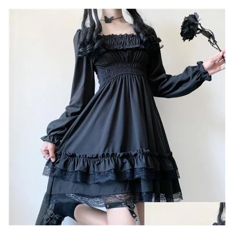 Casual Dresses Autumn 2021 Gothic Fashion Europe America Solid Color V-neck Net Yarn Perspective Long Sleeve Lace Splicing Dress