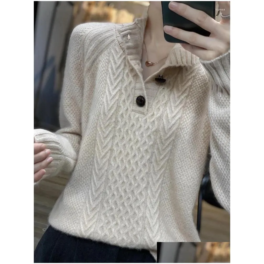 Women`s Sweaters Three-Button Cashmere Sweater Loose Fit Twisted Floral Base Polo Neck Long Sleeve Knitted In Solid Color