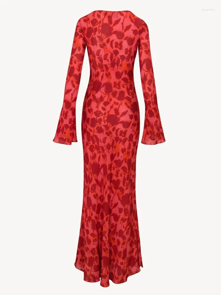 Casual Dresses Fall Long Sleeve Maxi Dress For Women 2023 Fashion Bodycon Slim Chiffon Red Print Party Elegant Vestidos