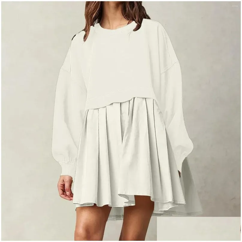 Casual Dresses Pleated Dress Skirt Autumn Fashion Women Mini Sweatshirt Long Sleeve Crewneck Patchwork Color Oversized Pullover Robe