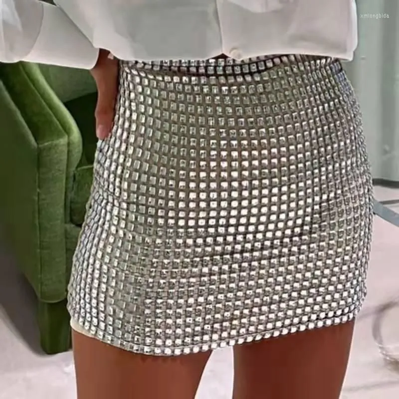 Skirts Woman Fashion 2022 Y2k Sexy Women`s Solid Color Slim Fit Mesh Silver Sequin Pack Hip Mini Skirt Clothes