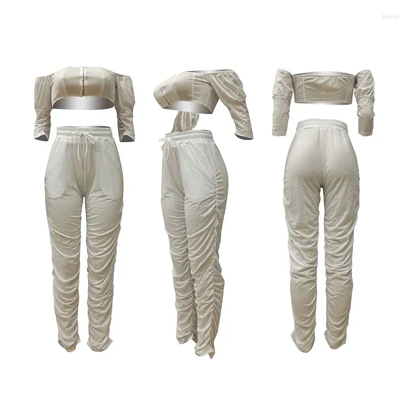 Women`s Two Piece Pants Sexy Nightclub Women Stacked Suit Off Shoulder Flare Sleeve Tube Top Sweatpants Leggings Ruched Tracksuit