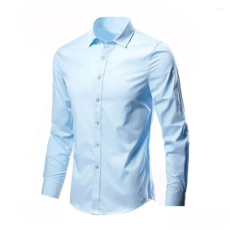 Men`s Dress Shirts Business Classic Slim Fit Long Sleeve Solid Color Single Breasted Formal Social Shirt Male Clothing