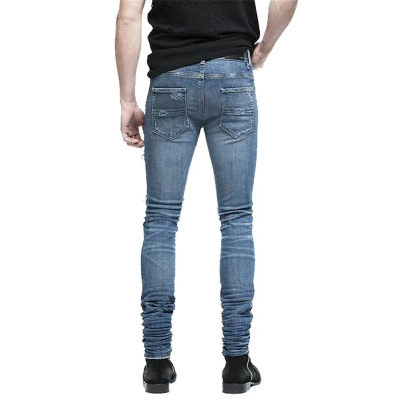 MORUANCLE Brand Designer Mens Ripped Biker Jeans Hi-Street Distressed Moto Denim Joggers Trousers Leather Patchwork Black Blue