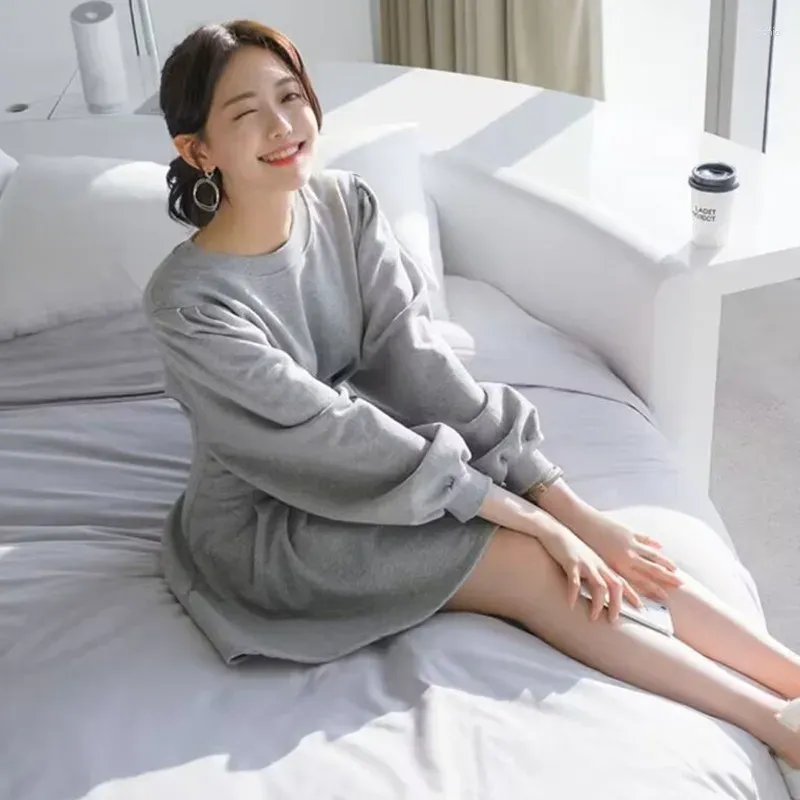 Casual Dresses Women`s O-Neck Pullover Dress Elastic Waist Puff Long Sleeve Mini Female Korean Elegant Bodycon A-Line