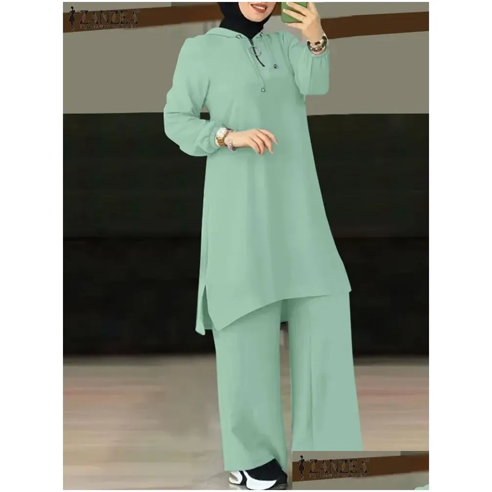 Sets 2023 ZANZEA Spring Two Piece Sets Women Sets Fashion Tracksuits Causal Wide Leg Pants Suit Muslim Blouse Turkish Isamic Outifts