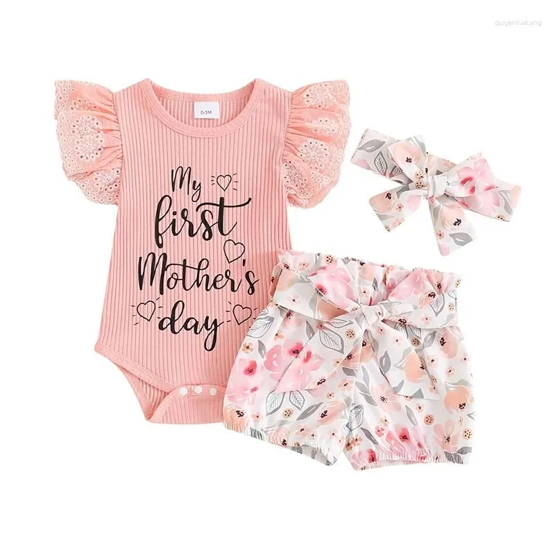 Clothing Sets My First Mothers Day Baby Girl Outfit Born Clothes Short Sleeve Ribbed Ruffle Romper Floral Shorts Headband Set