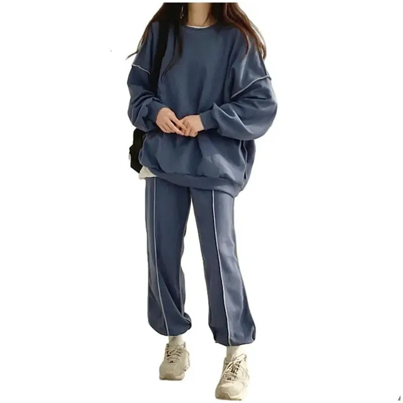 Spring Women Cotton Sweatshirt Suit Oversized Sets Female Loose Long Pants Suits Short Conjuntos De 240309