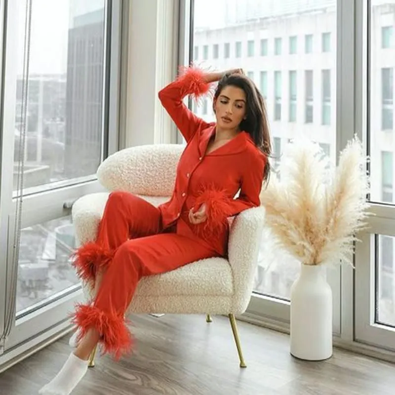 Women039s Two Piece Pants Womens Pajamas For Sleep Ladies Solid Color Suit Lapel Top And Feather Trousers Twopiece Sleepwear S8476288