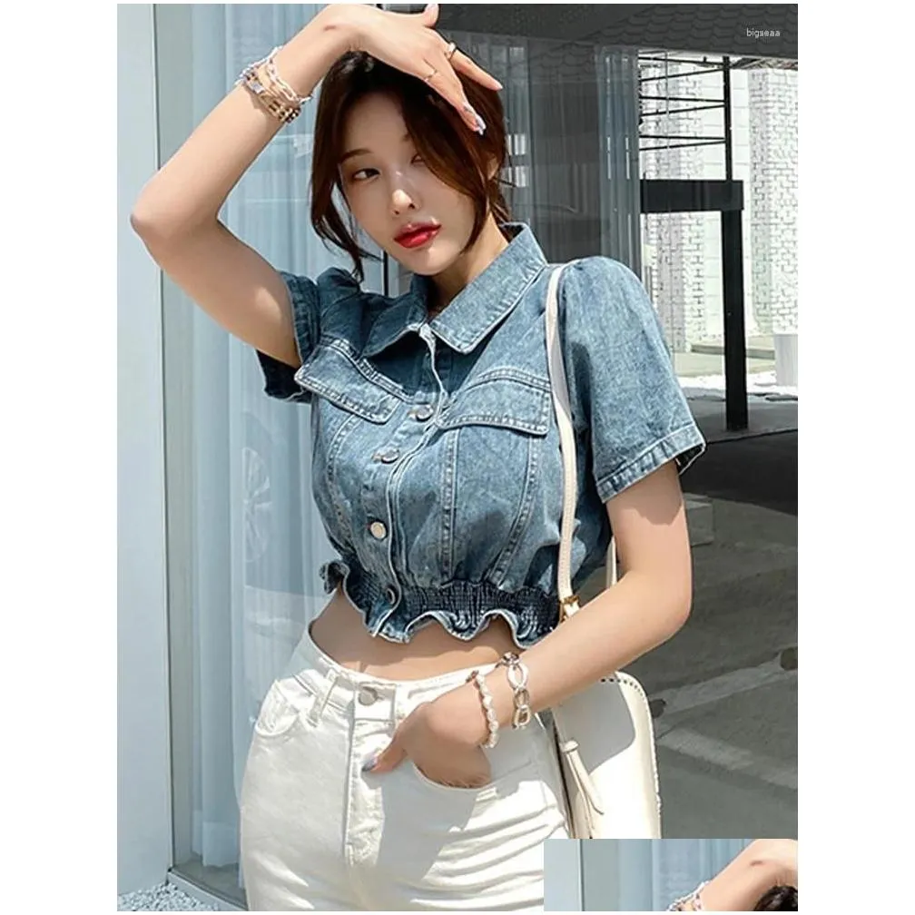 Women`s Blouses Fashion Casual Ladies Short Sleeve Blouse Tops Streetwear Single Breasted Button Sexy Crop Shirt Holiday Clothing