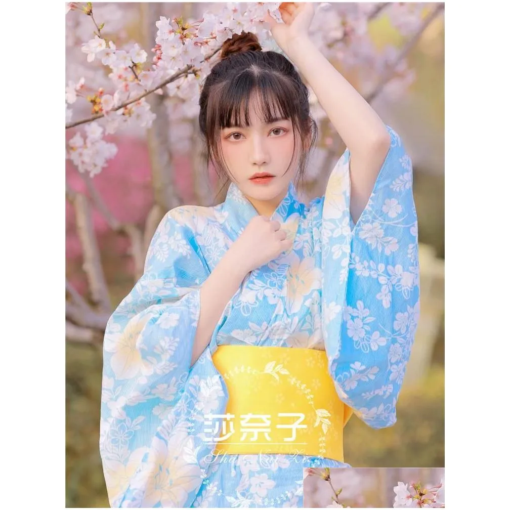 Ethnic Clothing Asian Fashion Women Blue Kimono Cardigan Autumn Formal Dress Cherry Blossom Po Sweet Japanese Style Literary Retro