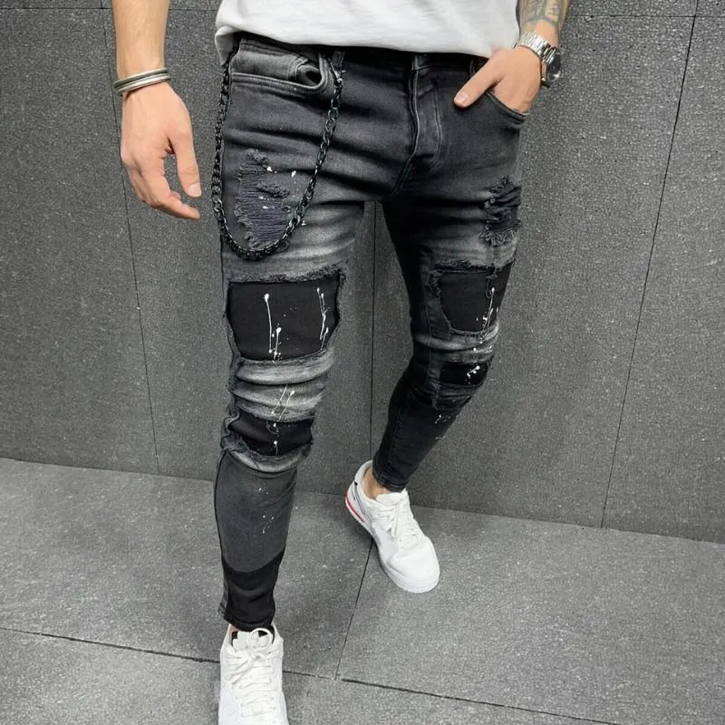 Mens Jeans Four Seasons Slim Pencil Pants Edging Spray Paint Printing Splicing Fashion Casual Denim Men 230606