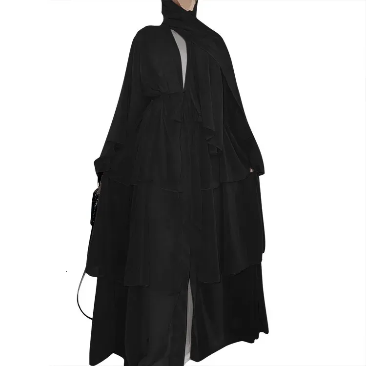 Ethnic Clothing Fashion Stitching Muslim Dress Women ThreeLayer Chiffon Elegant Abaya Ramadan Cardigan Hijab Marocain Robe 230426