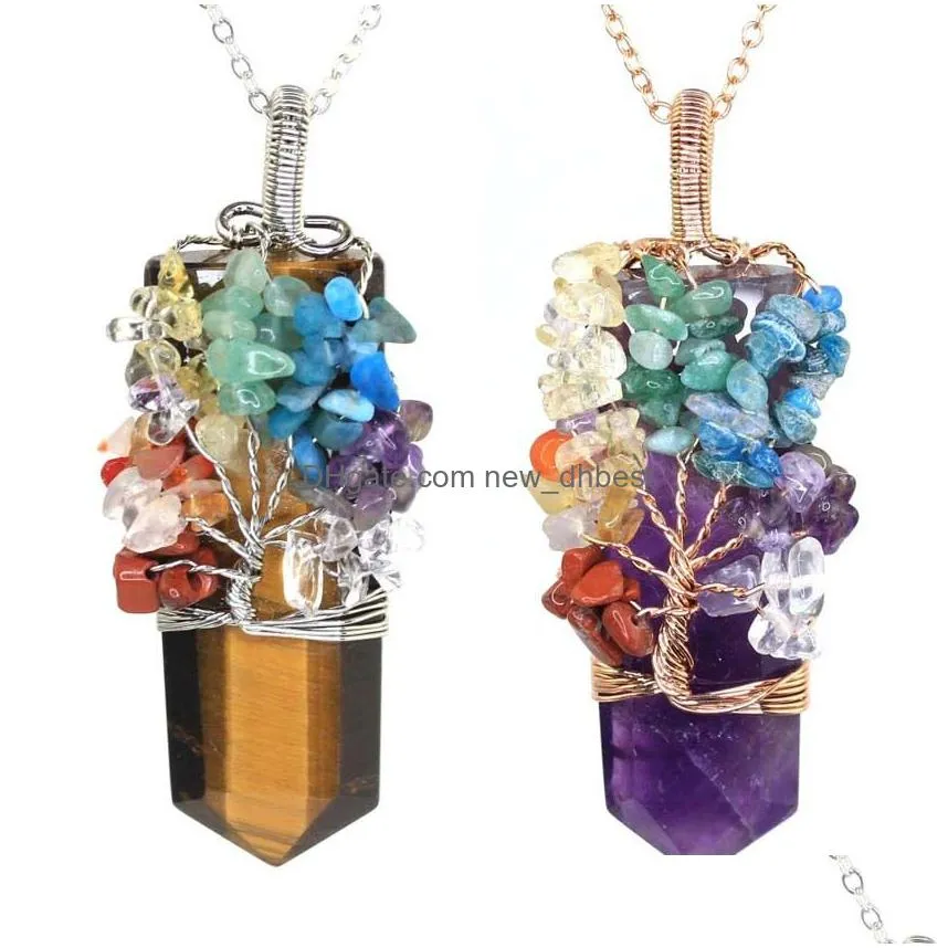 Pendant Necklaces Jln Natural Quartz Plantinum Plated Chip Gemstone Wire Wrapped Crystal Sword Shape Hexagon Prism Amet Charm With Dro Dhdm5