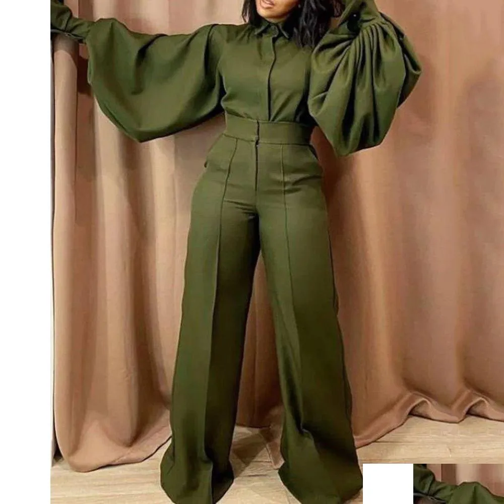 Autumn Jumpsuits for Ladies Full Lantern Sleeve High Waisted Turn Down Collar Fashion Elegant Long Rompers