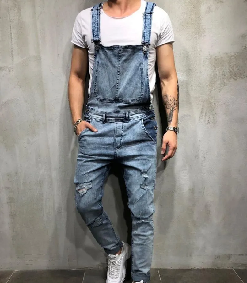 Fashion Mens Ripped Designer Jeans Jumpsuits Distressed Hole Denim Bib Overalls For Man Suspender Pants Asian Size