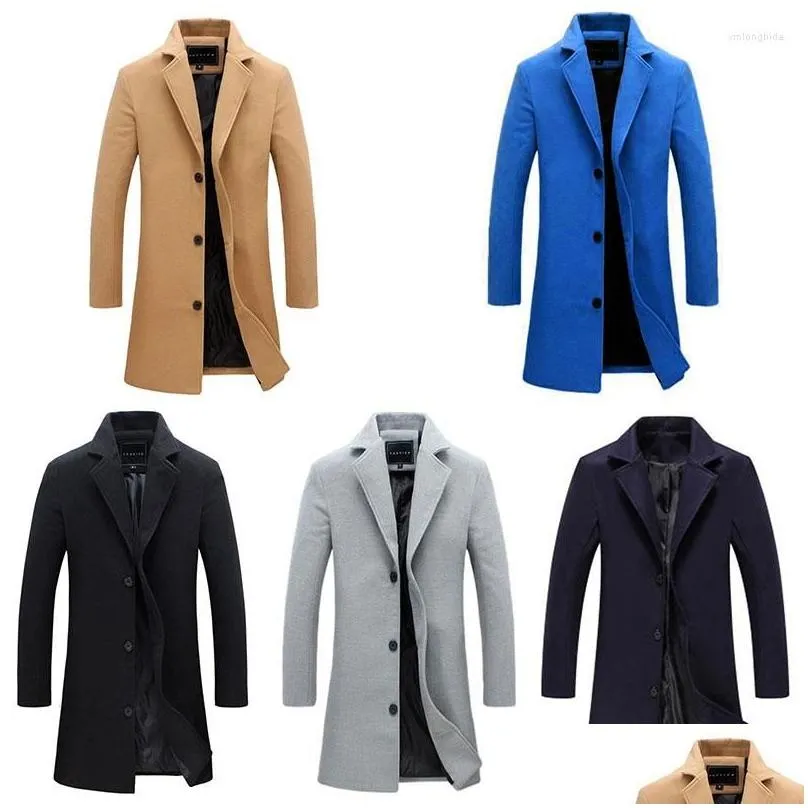 Men`s Trench Coats Winter Stylish Formal Overcoat Jacket For Men Solid Color Long Sleeve Outerwear Button Up Fashion Male