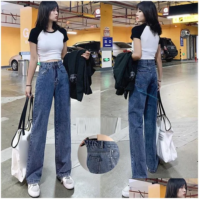 Women`s High-waist Jeans Adjustable Elastic Waist Wide-leg Jeans Casual Loose Straight Mom Woman Denim Lady