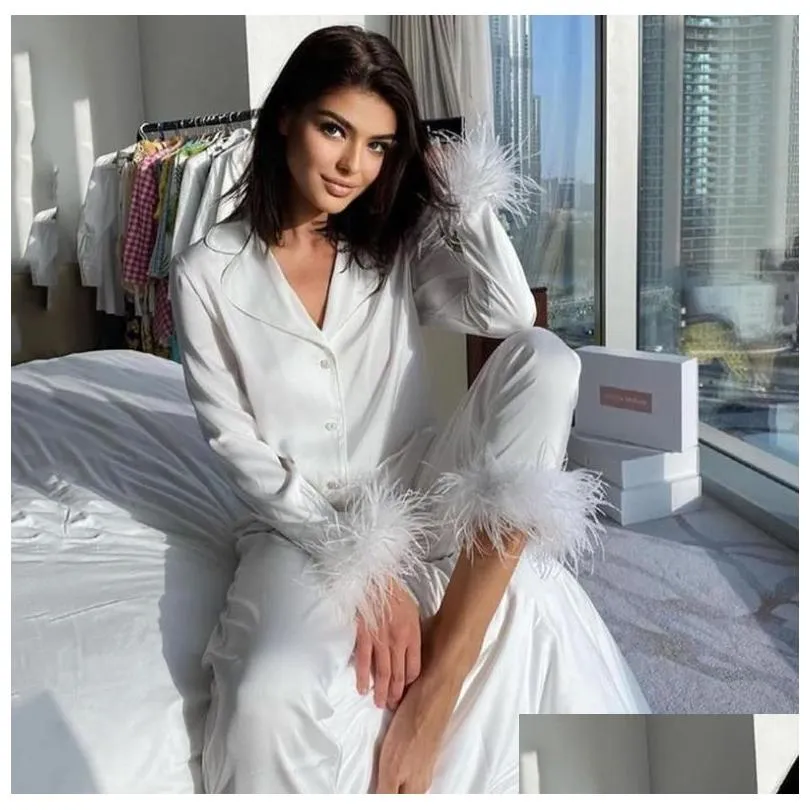 Women039s Two Piece Pants Womens Pajamas For Sleep Ladies Solid Color Suit Lapel Top And Feather Trousers Twopiece Sleepwear S8476288