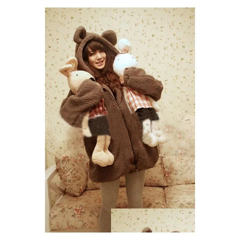 Wholesale-Women Coat Jackets Bear Hoodies Girl Winter Loose Fluffy Cartoon Ear Hooded Jacket Warm Outerwear Coat Sweatshirt H393