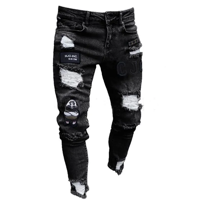 Patchwork Biker Embroidery Print Jeans 3 Styles Men Stretchy Ripped Skinny Destroyed Hole Taped Slim Fit Denim Scratched High