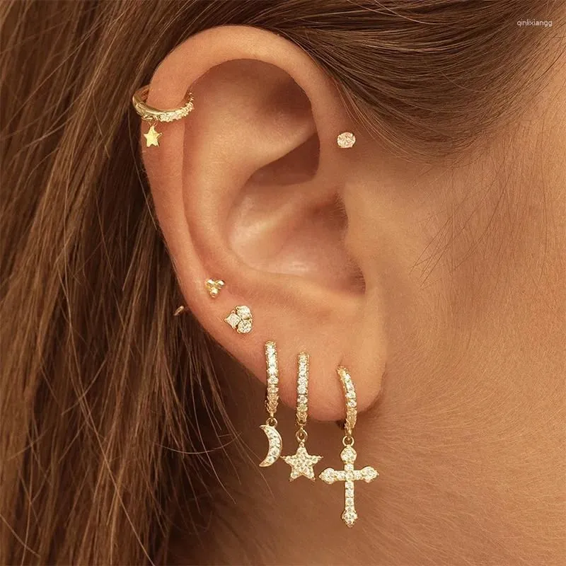 Hoop Earrings Cross Pendant Fashion For Women Gold Color Crystal Ear Buckle Cartilage Piercing Jewelry Accessories KBE311