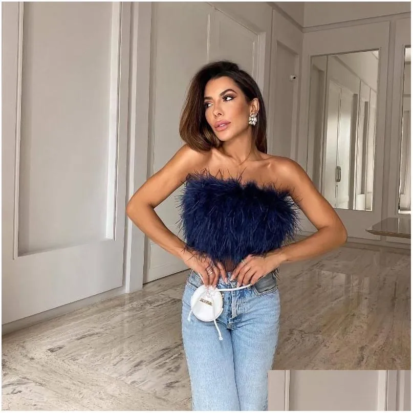 Women`s T-Shirt 2022 Fashion Women Sexy Furry Tops Camis Casual Tank Vest Sleeveless With Real Ostrich Feather Bro Tunic