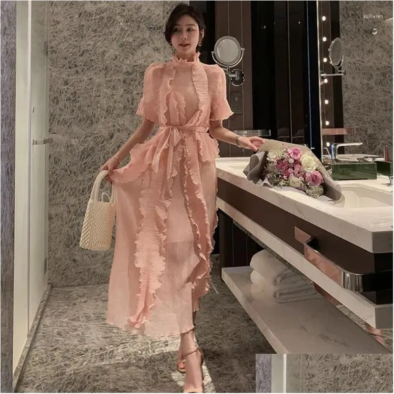 Party Dresses High-end Women Summer 2024 Stand-up Collar Half Sleeve Ruffles Dress Bandage Sexy Ladies Elegant Vestidos