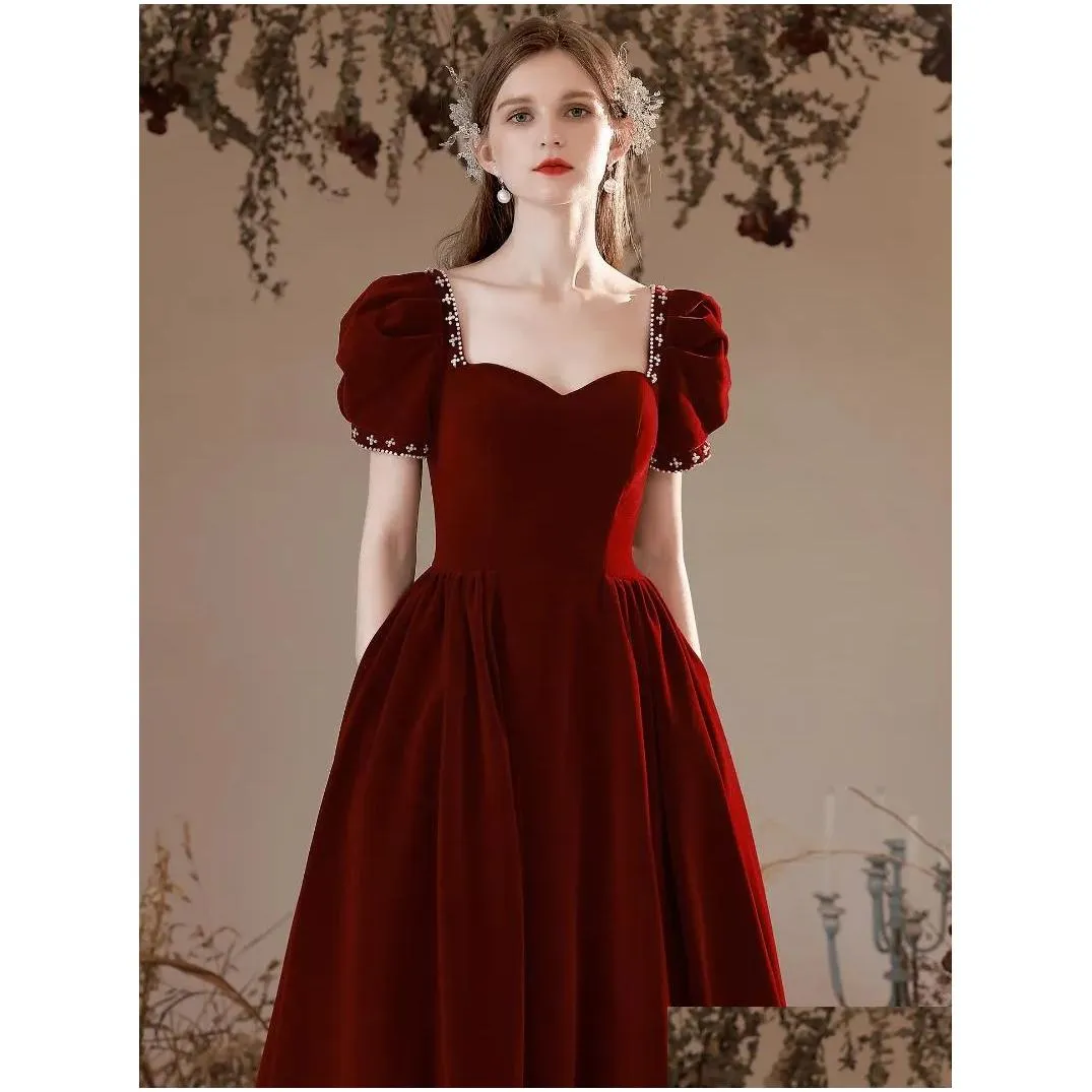 Ethnic Clothing Elegant Burgundy Long A-Line Prom Dresses Women Luxury Formal Party Backless Velour Toast Gowns Vestidos