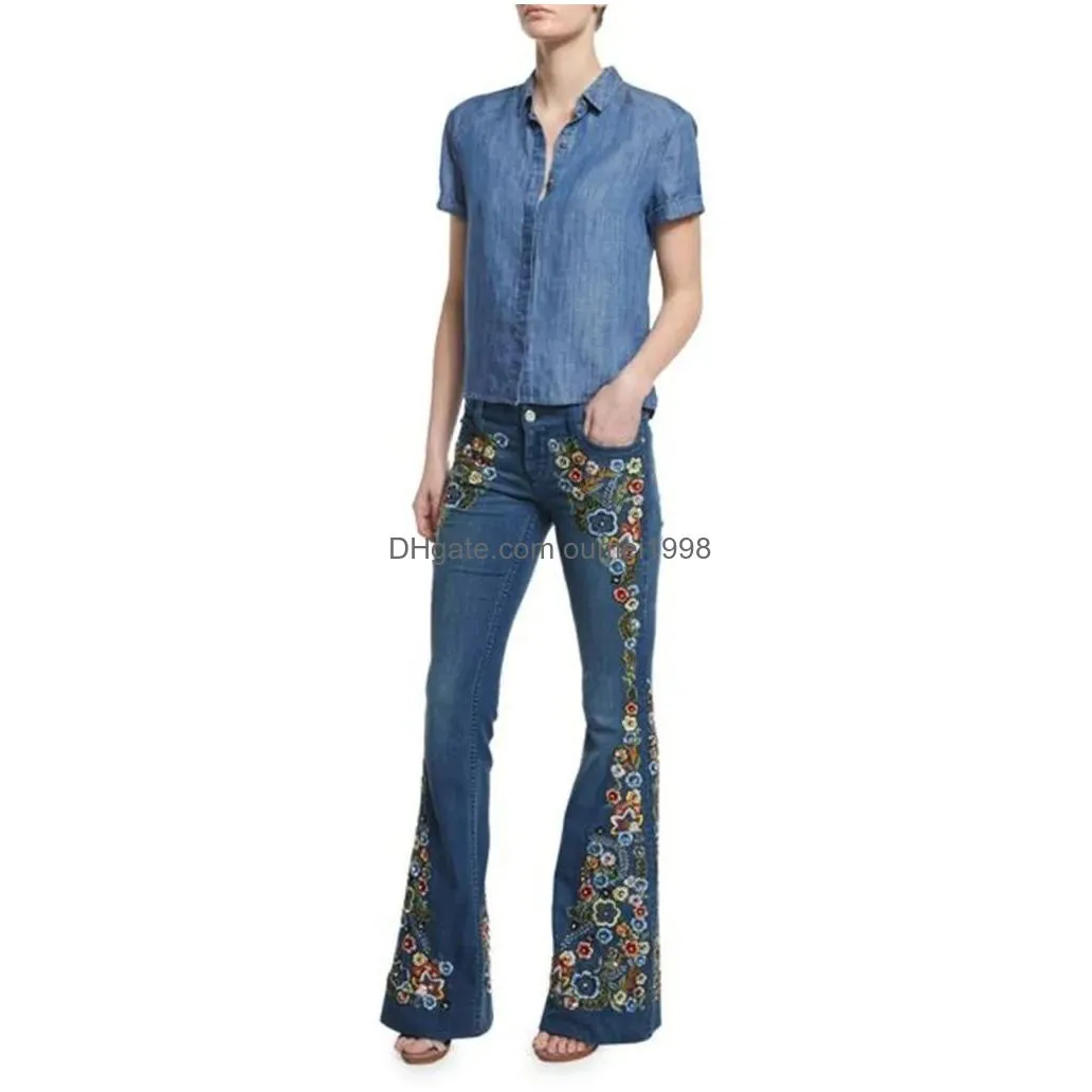 Women`S Jeans Streetwear Long Pants Denim For Women Embroidery Destoryed Flare Button Waist Bell Bottom Drop Delivery Apparel Clothin Dhkxy