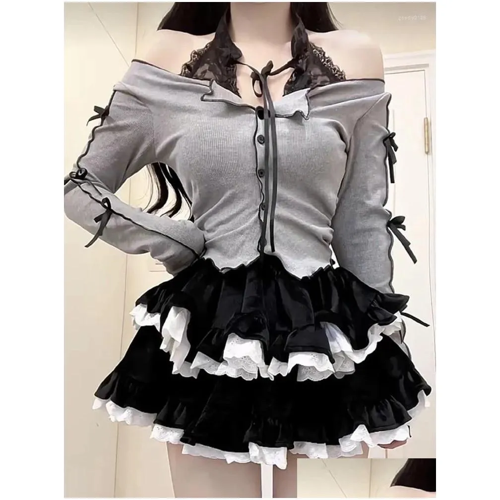 Work Dresses Sweet Dress Sets Women Japanese Kawaii Lolita Skirt Set Slim Lace Bow Slash Neck Tops Black Velvet Cake Mini 2 Pieces