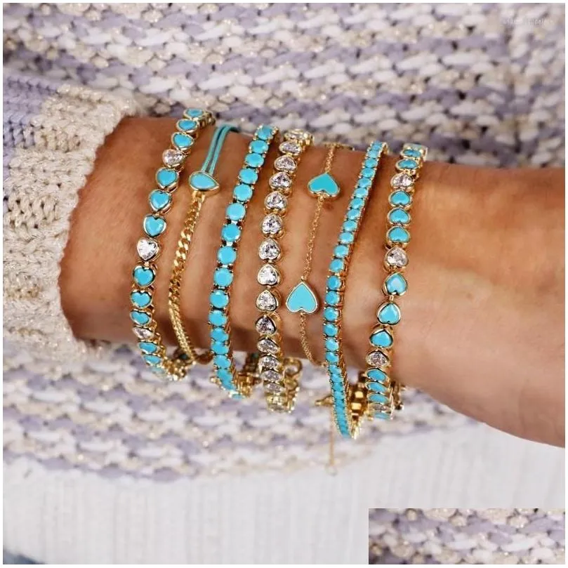 Charm Bracelets Gold Plated Colorful Summer Jewelry Blue Turquoises Heart Shaped Stone Tennis Chain Fashion Women Bracelet