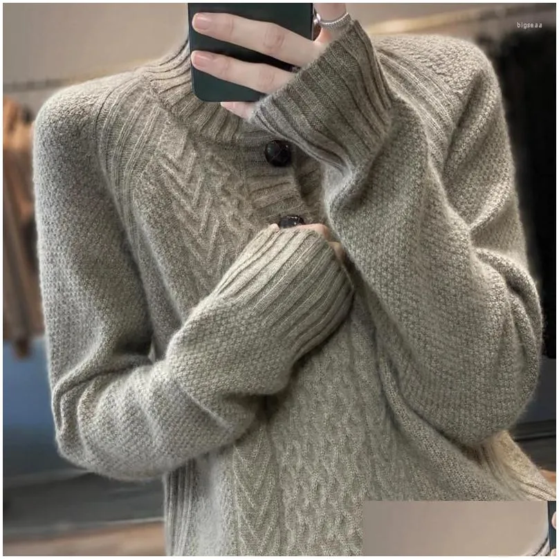 Women`s Sweaters Three-Button Cashmere Sweater Loose Fit Twisted Floral Base Polo Neck Long Sleeve Knitted In Solid Color