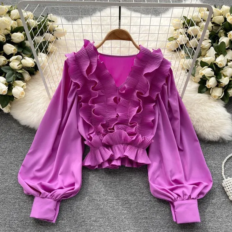 Women`s Blouses Sweet Pleated Ruffles Chiffon Shirt Autumn Women Sexy V-Neck Elastic Waist Tunic Black White Pink Long Sleeve Short