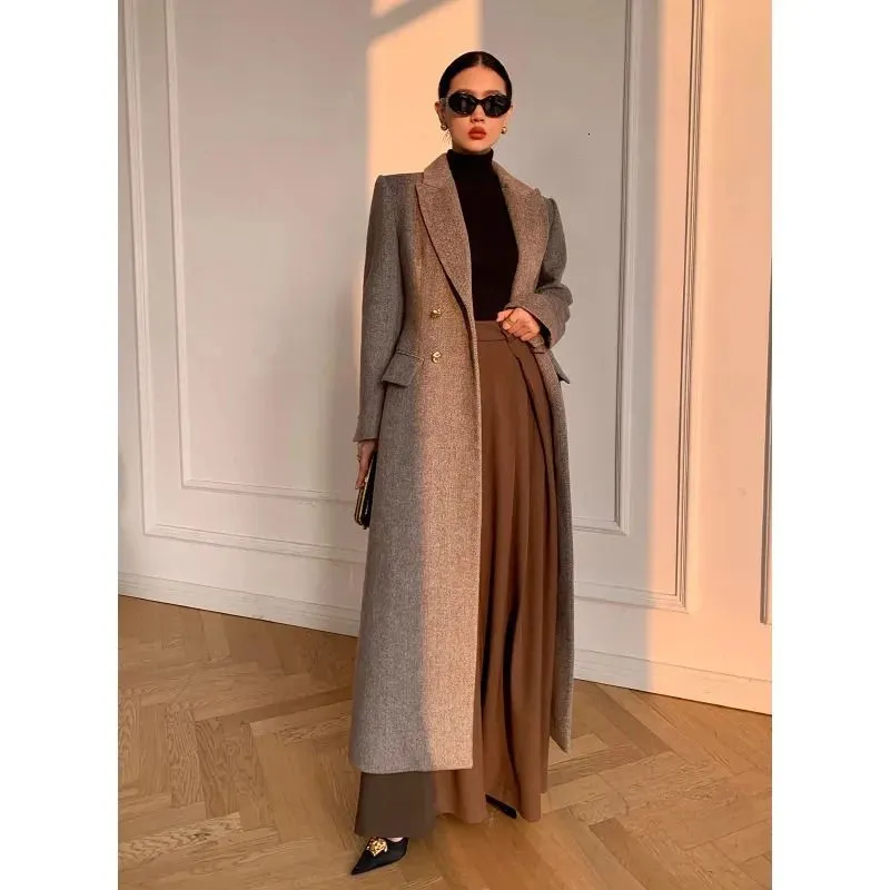 Womens Wool Blends MEXZT Vintage Long Coat Women Elegant Blazer Woolen Jackets Korean Slim Suit Overcoat Winter Office Lady Simple Outwear