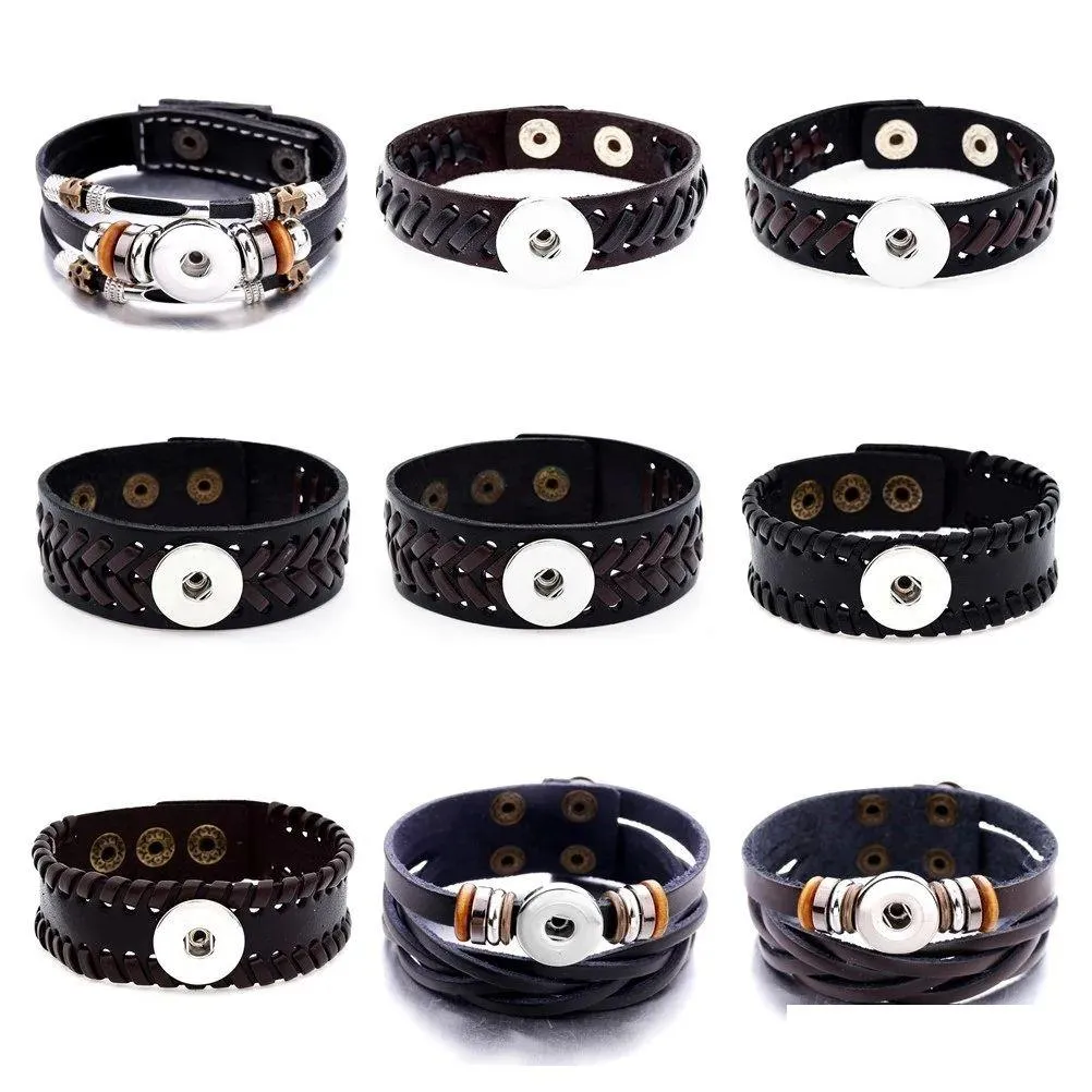 Braided Black Brown Leather Snap Button Bracelet Fit 18mm Snaps Jewelry