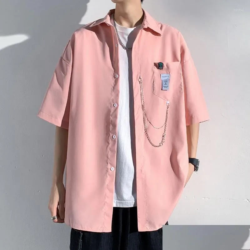 Men`s Casual Shirts Oversized Harajuku Chain Design Short Sleeve Unisex Blouses Fashion Summer Male Korean Clothing