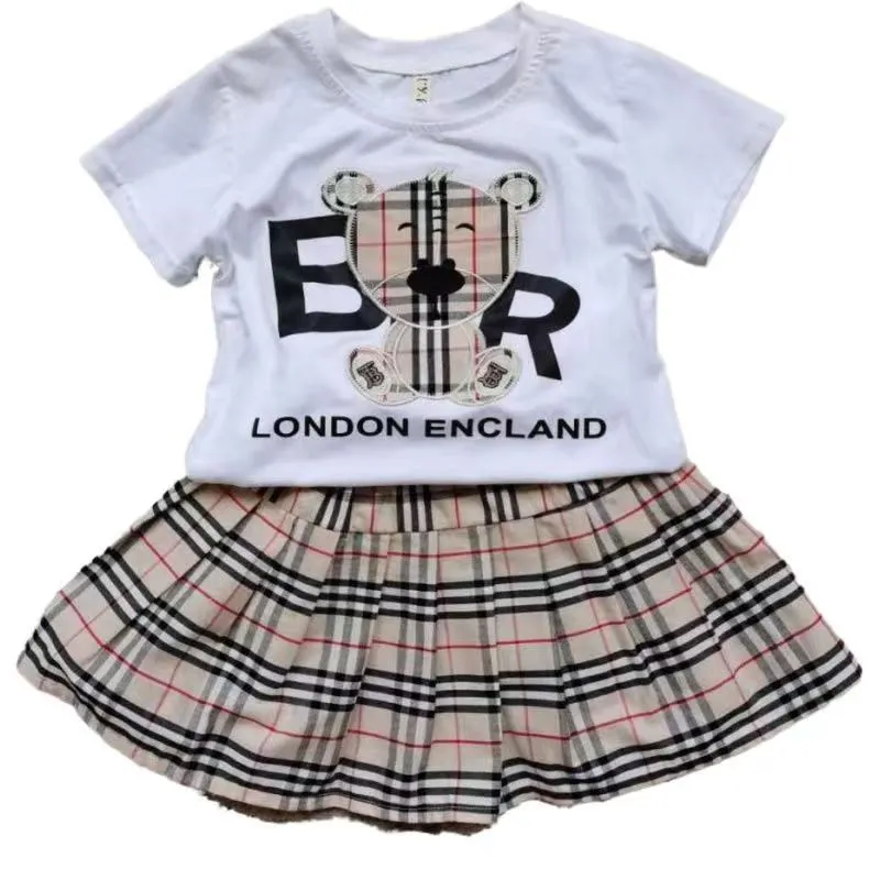 Sets Kids Girls Summer Clothing Sets Short Sleeve Top T shirt Plaid Skirts Children Baby Clothes Set 2pcs