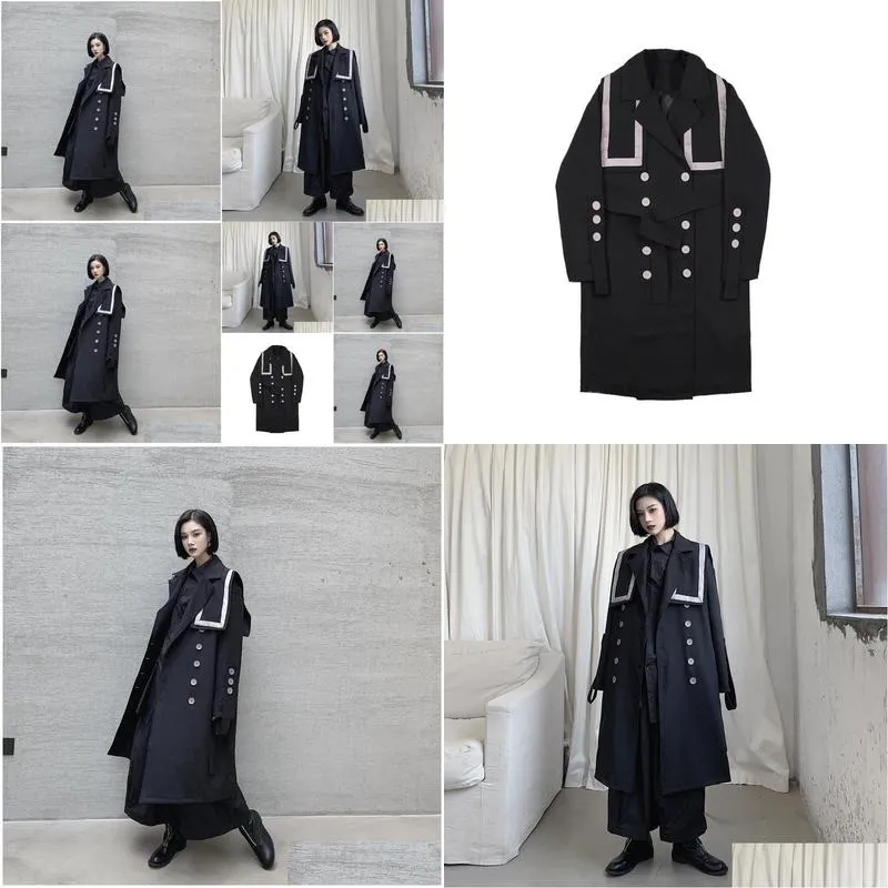 Women`s Trench Coats Women Yohji Ribbon Big Collar Long Jacket Loose Windbreaker Female Japan Vintage Double Breasted Streetwear Gothic