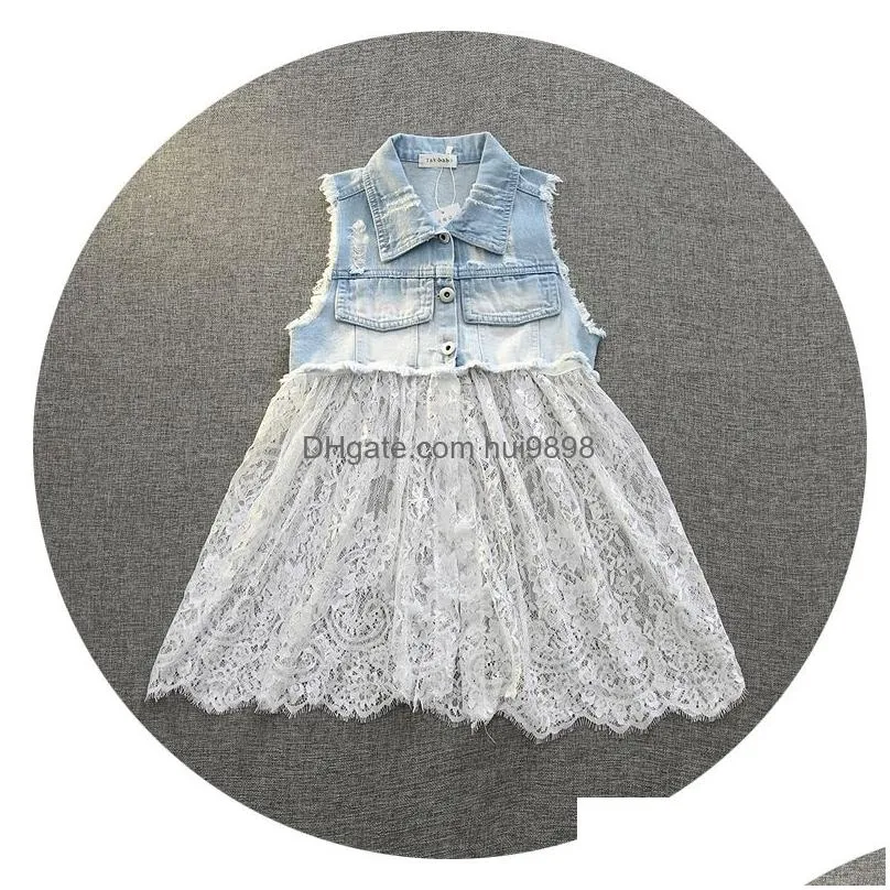 brand fashion autumn baby denim girl dress girl lace dress with  coat lace skirt 3t to 8t5410190