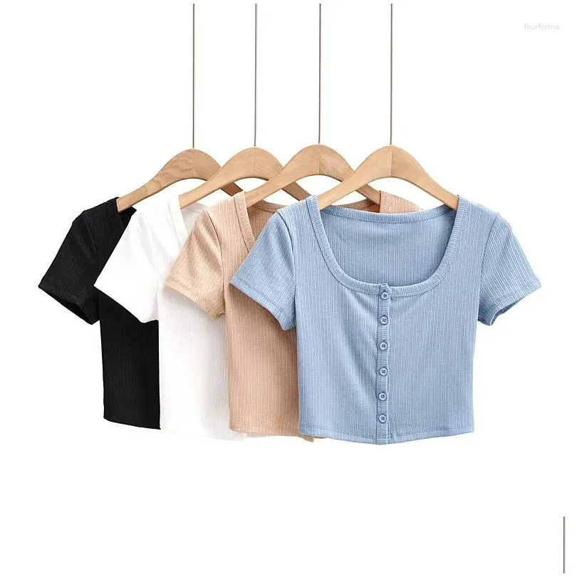 Women`s T Shirts Women Rib Button Through Short Sleeve Top