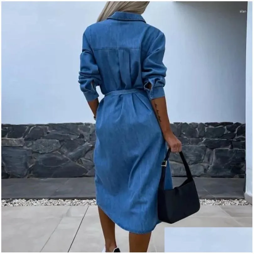 Casual Dresses Women 2024 Spring Solid Button Denim Dress Simple Turn-down Collar Lace-up Office Elegant Long Sleeve