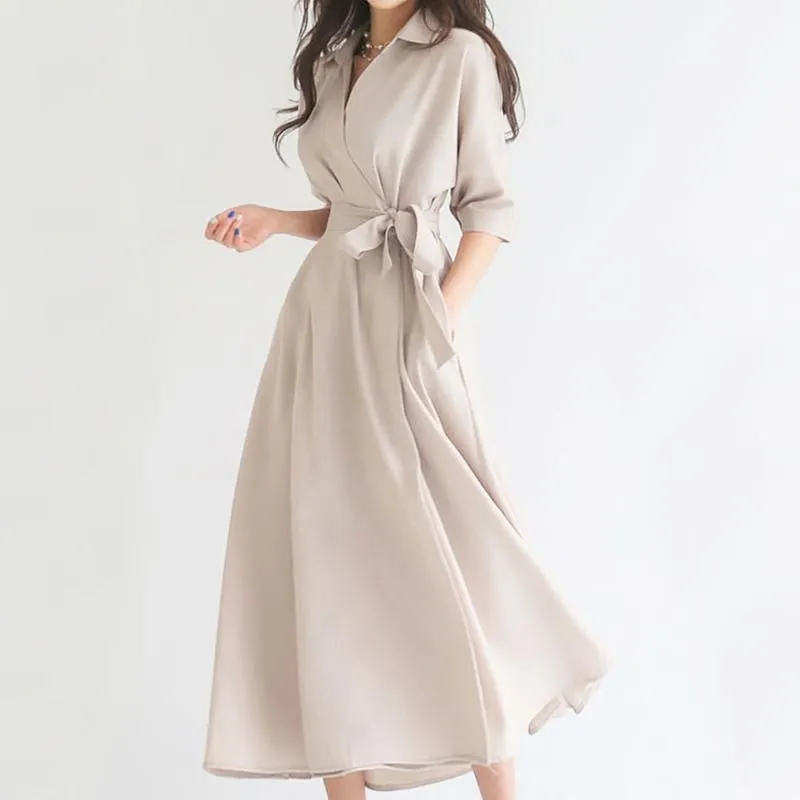 Casual Dresses Elegant Dress Women Solid Turn Down Collar OnePiece Korean Female Clothes Summer 2022 Office Lady Work5315935