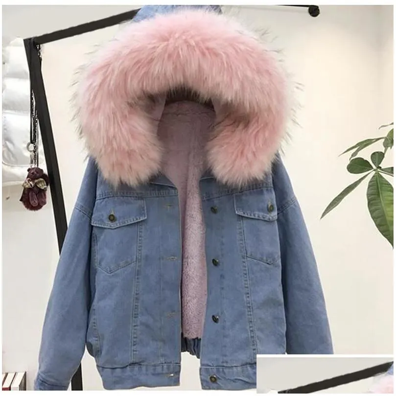 women jean jacket Winter Thick Jean Jacket Faux Fur Collar Fleece Hooded Denim Coat Female Warm Denim Outwea