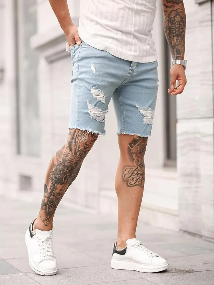 Mens Jeans Summer Ripped Shorts Men HipHop Denim Pants Stretch Light blue Fashion Design Slim Straight Male Short Hombre 230615