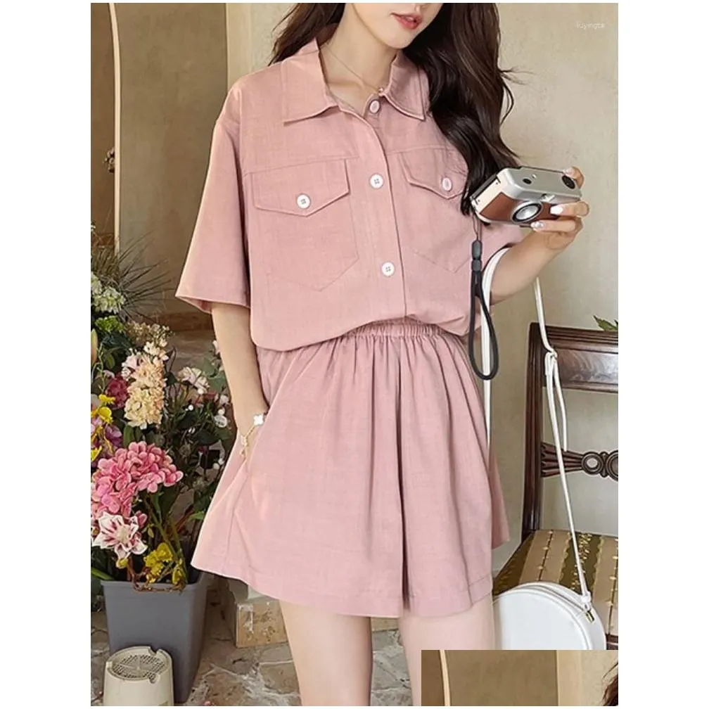 Women`s Tracksuits Summer Elegant Casual Loose Shorts Suit Women Fashion Vintage Shirts Tops And Pants 2 Pieces Set Female Party
