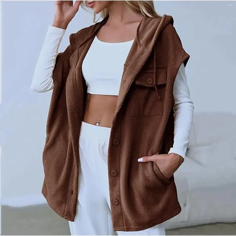 Women`s Vests Brown Wool Tank Top Hooded Button Coat Autumn Sleeveless With Pocket Hat