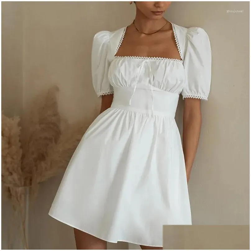 Party Dresses White Dress Summer Women Short Sleeve Square Neck Solid Color Elegant Evening Mini