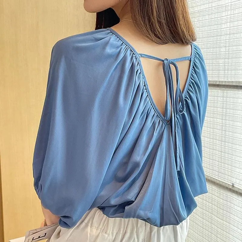 Women`s Blouses Fashion Women Clothing 2023 Summer V-neck Bat Sleeves Short Sleeve Shirt Loose Blouse Female White Black Blue Apricot